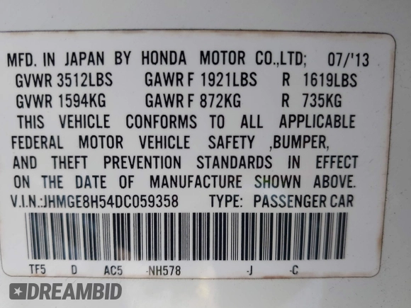 2013 Honda Fit Sport with VIN JHMGE8H54DC059358, listed as a IAAI auction lot 41776717 with 90,595 mi miles. Bid and sale history available at carsss.com. Image 9.