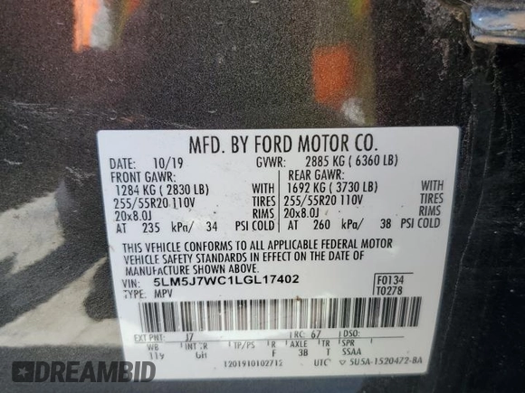 2020 Lincoln Aviator Reserve with VIN 5LM5J7WC1LGL17402, listed as a Copart auction lot 57256665 with Not provided miles and Salvage title. Bid and sale history available at DreamBid. Image 13.