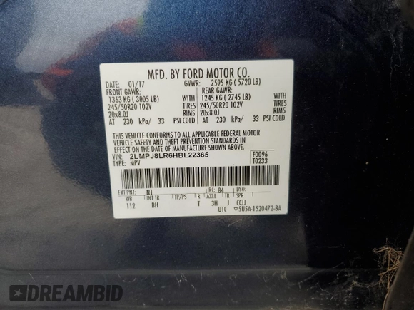 2017 Lincoln MKX Reserve with VIN 2LMPJ8LR6HBL22365, listed as a Copart auction lot 87891455 with 60,871 mi miles and Salvage title. Bid and sale history available at DreamBid. Image 14.