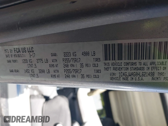 2017 Jeep Wrangler Sport with VIN 1C4GJWAG0HL621498, listed as a IAAI auction lot 42494667 with 92,284 mi miles and . Bid and sale history available at DreamBid. Image 9.