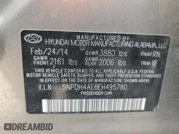 2014 Hyundai Elantra SE с VIN 5NPDH4AE6EH495780, выставлен на аукционе Copart как лот 51750655 с пробегом Не указан миль и Списание • Salvage title. История ставок и продаж доступна на DreamBid. Изображение 12.