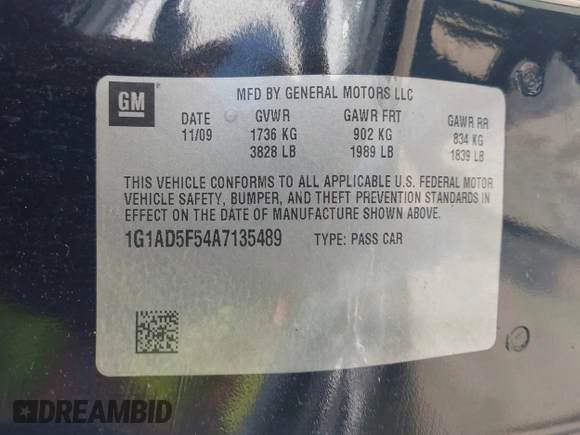 2010 Chevrolet Cobalt 1LT with VIN 1G1AD5F54A7135489, listed as a IAAI auction lot 42214687 with 131,121 mi miles and . Bid and sale history available at DreamBid. Image 9.