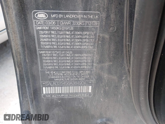 2006 Land Rover LR3 SE с VIN SALAD25456A384904, выставлен на аукционе IAAI как лот 42820267 с пробегом 169 808 миль миль и . История ставок и продаж доступна на DreamBid. Изображение 9.