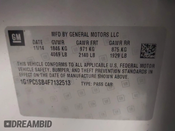2015 Chevrolet Cruze LT with VIN 1G1PC5SB4F7132513, listed as a IAAI auction lot 41883088 with 131,185 mi miles and . Bid and sale history available at DreamBid. Image 9.