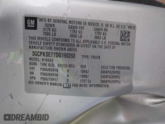 2013 Chevrolet Silverado 1500 LT with VIN 3GCPKSE77DG190293, listed as a IAAI auction lot 41968478 with 94,487 mi miles. Bid and sale history available at carsss.com. Image 9.