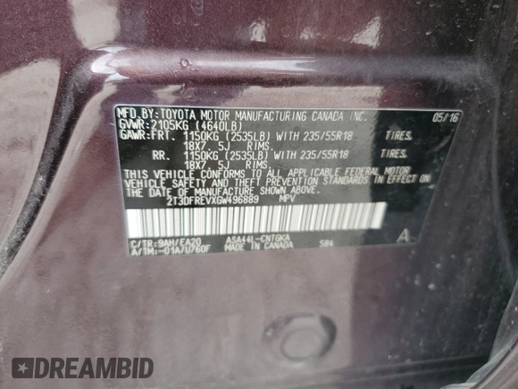 2016 Toyota RAV4 Limited с VIN 2T3DFREVXGW496889, выставлен на аукционе Copart как лот 58262365 с пробегом 59 829 миль миль и Списание • Salvage title. История ставок и продаж доступна на DreamBid. Изображение 12.