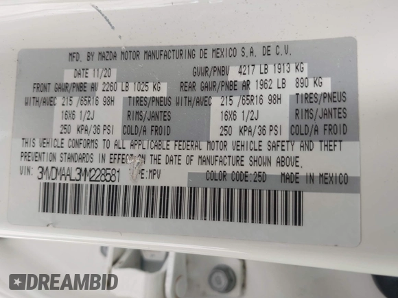 2021 Mazda CX-30 S with VIN 3MVDMAAL3MM228581, listed as a IAAI auction lot 42008198 with 44,132 mi miles and . Bid and sale history available at DreamBid. Image 9.