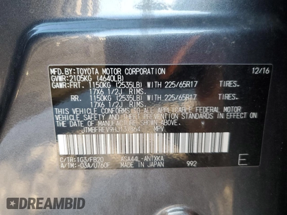 2017 Toyota RAV4 LE with VIN JTMBFREV9HJ137864, listed as a Copart auction lot 87593755 with Not Provided miles and Salvage Title. Bid and sale history available at carsss.com. Image 15.