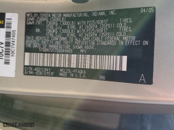 2005 Toyota Sienna XLE with VIN 5TDBA22C75S044669, listed as a Copart auction lot 51217335 with 176,241 mi miles and Non Repairable. Bid and sale history available at carsss.com. Image 12.