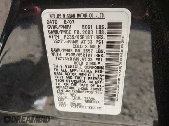 2007 Nissan Murano SL with VIN JN8AZ08W27W661723, listed as a IAAI auction lot 42084445 with 212,815 mi miles and . Bid and sale history available at DreamBid. Image 9.