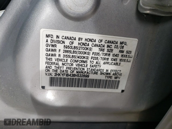 2006 Honda Pilot EX with VIN 2HKYF18436H532899, listed as a Copart auction lot 52142875 with 228,685 mi miles and Salvage Title. Bid and sale history available at DreamBid. Image 14.