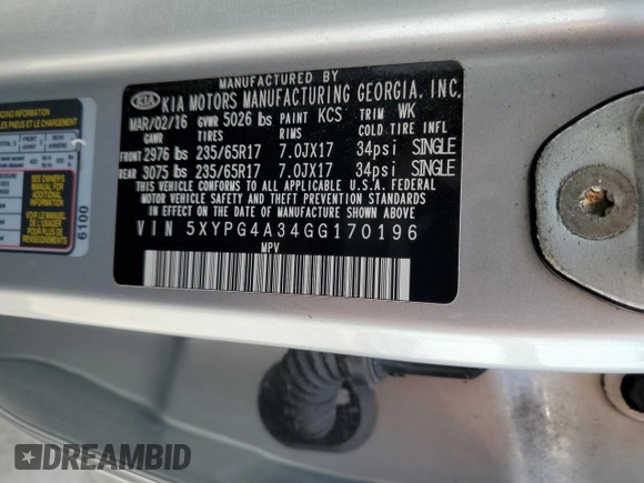 2016 Kia Sorento LX with VIN 5XYPG4A34GG170196, listed as a Copart auction lot 54381105 with 81,341 mi miles and Clean Title. Bid and sale history available at carsss.com. Image 13.