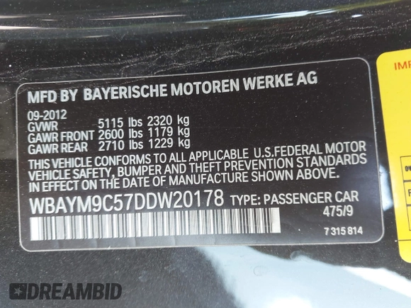 2013 BMW 6 Series 650i with VIN WBAYM9C57DDW20178, listed as a IAAI auction lot 41933561 with 72,886 mi miles and . Bid and sale history available at carsss.com. Image 9.