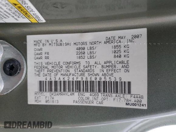 2008 Mitsubishi Eclipse GS with VIN 4A3AK24F98E005539, listed as a Copart auction lot 84163914 with 175,726 mi miles and Salvage Title. Bid and sale history available at carsss.com. Image 13.