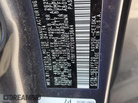 2014 Toyota Camry L with VIN 4T1BF1FK7EU813644, listed as a Copart auction lot 52992175 with 141,726 mi miles and Salvage Title. Bid and sale history available at carsss.com. Image 15.