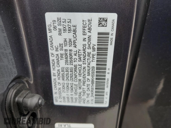 2019 Honda CR-V EX-L with VIN 2HKRW1H88KH509359, listed as a Copart auction lot 52003385 with 36,944 mi miles and Salvage Title. Bid and sale history available at carsss.com. Image 14.