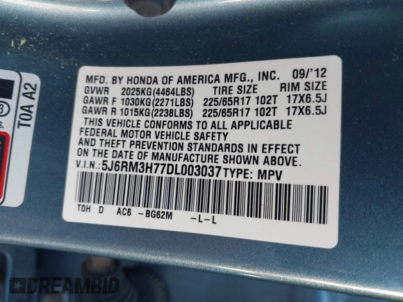 2013 Honda CR-V EX-L with VIN 5J6RM3H77DL003037, listed as a IAAI auction lot 41856095 with 151,337 mi miles and . Bid and sale history available at DreamBid. Image 9.