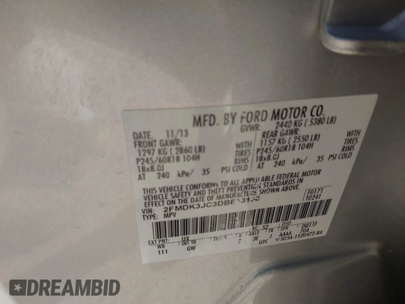 2013 Ford Edge SEL with VIN 2FMDK3JC3DBE33138, listed as a IAAI auction lot 41793707 with 119,115 mi miles. Bid and sale history available at carsss.com. Image 9.