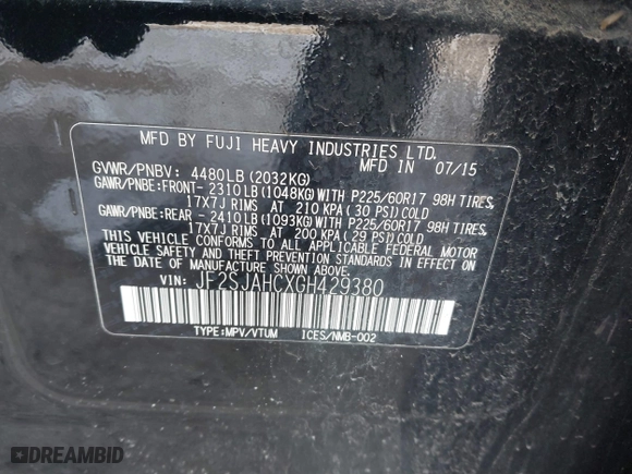 2016 Subaru Forester 2.5i Limited with VIN JF2SJAHCXGH429380, listed as a IAAI auction lot 41606897 with 87,268 mi miles. Bid and sale history available at carsss.com. Image 9.