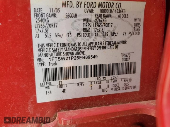 2006 Ford Super Duty F-250 XL with VIN 1FTSW21P26EB89549, listed as a Copart auction lot 68265024 with 218,325 mi miles and Salvage Title. Bid and sale history available at carsss.com. Image 13.