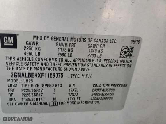2015 Chevrolet Equinox LT with VIN 2GNALBEKXF1169075, listed as a Copart auction lot 53211695 with 205,470 mi miles and Clean Title. Bid and sale history available at carsss.com. Image 12.
