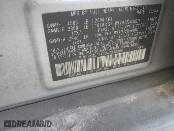 2010 Subaru Outback Limited Power Moon with VIN 4S4BRBKC3A3338389, listed as a Copart auction lot 61143245 with 153,333 mi miles and Clean title. Bid and sale history available at DreamBid. Image 12.