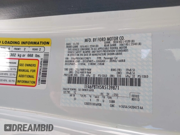 2022 Ford Mustang EcoBoost with VIN 1FA6P8TH5N5139871, listed as a IAAI auction lot 41290333 with 28,566 mi miles and . Bid and sale history available at DreamBid. Image 9.
