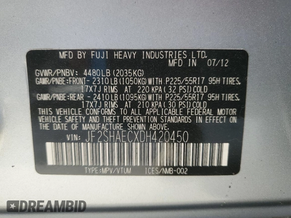 2013 Subaru Forester X Limited with VIN JF2SHAECXDH420450, listed as a Copart auction lot 54308675 with Not provided miles and Salvage title. Bid and sale history available at DreamBid. Image 13.