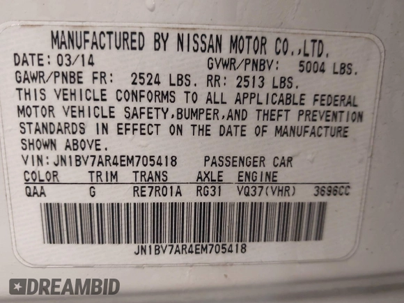 2014 Infiniti Q50 Sport with VIN JN1BV7AR4EM705418, listed as a IAAI auction lot 41698553 with 124,554 mi miles and . Bid and sale history available at carsss.com. Image 9.