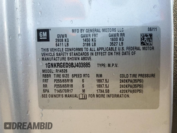 2011 Chevrolet Traverse 1LT z VIN 1GNKRGED9BJ403885, wystawiony jako Copart lot #56929765 z przebiegiem Nie podano mil oraz Szkoda całkowita • Salvage title. Historia ofert i sprzedaży dostępna na DreamBid. Obrazek 13.