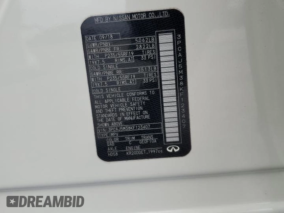 2019 Infiniti QX50 Essential with VIN 3PCAJ5M38KF123407, listed as a Copart auction lot 47766485 with 54,263 mi miles and Salvage Title. Bid and sale history available at DreamBid. Image 13.