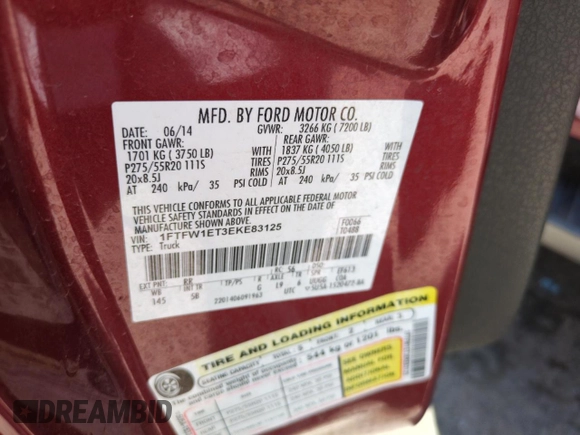2014 Ford F-150 XL with VIN 1FTFW1ET3EKE83125, listed as a Copart auction lot 56686965 with Not provided miles and Salvage title. Bid and sale history available at DreamBid. Image 12.