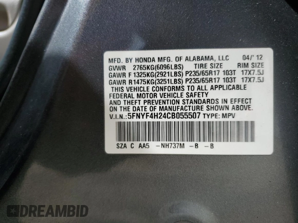 2012 Honda Pilot LX with VIN 5FNYF4H24CB055507, listed as a Copart auction lot 60484184 with 174,802 mi miles and Salvage Title. Bid and sale history available at carsss.com. Image 12.