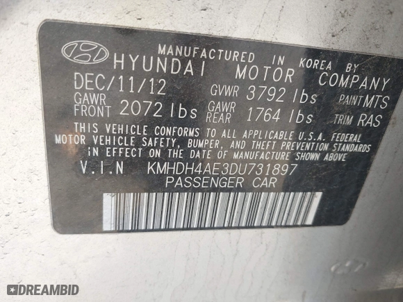 2013 Hyundai Elantra GLS PZEV with VIN KMHDH4AE3DU731897, listed as a IAAI auction lot 42061100 with 78,194 mi miles. Bid and sale history available at carsss.com. Image 9.