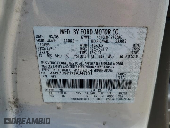 2008 Mercury Mariner Premier with VIN 4M2CU97178KJ46331, listed as a Copart auction lot 52214805 with 188,315 mi miles and Salvage title. Bid and sale history available at DreamBid. Image 14.