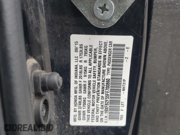2015 Honda Civic Sedan LX with VIN 19XFB2F55FE700860, listed as a Copart auction lot 52613915 with 170,174 mi miles and Salvage Title. Bid and sale history available at carsss.com. Image 14.