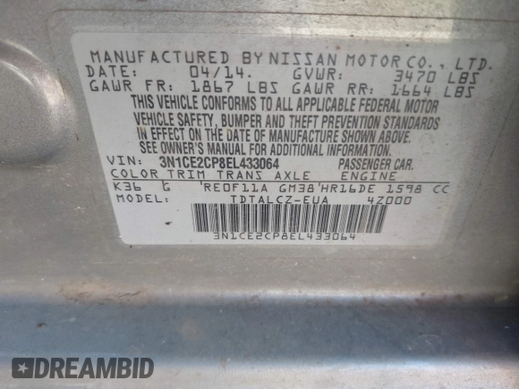 2014 Nissan Note SV with VIN 3N1CE2CP8EL433064, listed as a IAAI auction lot 41844712 with 139,359 mi miles and . Bid and sale history available at DreamBid. Image 9.