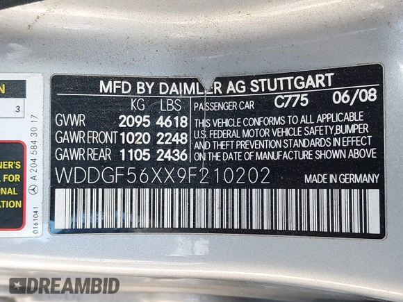 2009 Mercedes-Benz C-Class 3.5L Sport with VIN WDDGF56XX9F210202, listed as a IAAI auction lot 41671054 with 193,450 mi miles. Bid and sale history available at carsss.com. Image 9.