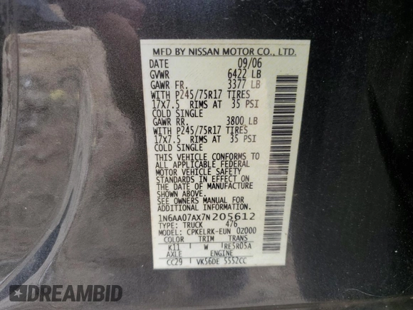 2007 Nissan Titan XE with VIN 1N6AA07AX7N205612, listed as a Copart auction lot 62633655 with 201,431 mi miles and Salvage title. Bid and sale history available at DreamBid. Image 12.