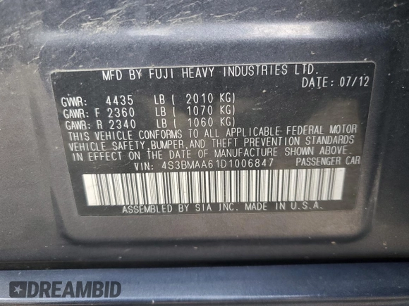 2013 Subaru Legacy 2.5i z VIN 4S3BMAA61D1006847, wystawiony jako Copart lot #58623325 z przebiegiem 141 743 mil mil oraz Szkoda całkowita • Salvage title. Historia ofert i sprzedaży dostępna na DreamBid. Obrazek 12.