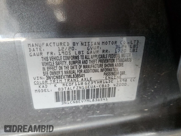2021 Nissan Versa SV with VIN 3N1CN8EV7ML838541, listed as a Copart auction lot 61648435 with 24,099 mi miles and Salvage title. Bid and sale history available at DreamBid. Image 12.