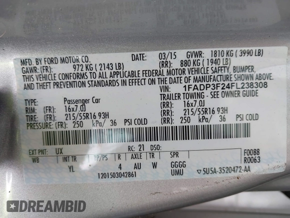 2015 Ford Focus SE with VIN 1FADP3F24FL238308, listed as a IAAI auction lot 42707422 with 134,585 mi miles and . Bid and sale history available at DreamBid. Image 9.