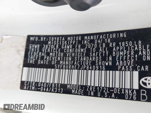 2018 Toyota Corolla L z VIN 5YFBURHE7JP840916, wystawiony jako IAAI lot #41603264 z przebiegiem 218 028 mil mil oraz . Historia ofert i sprzedaży dostępna na DreamBid. Obrazek 9.