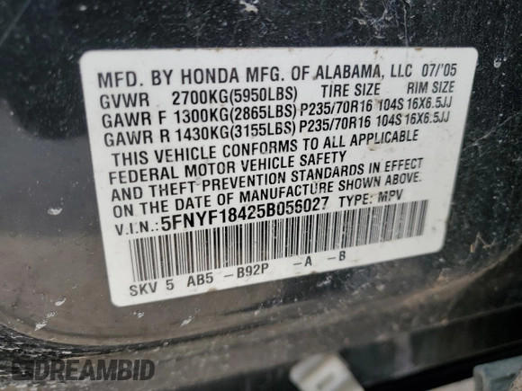 2005 Honda Pilot EX with VIN 5FNYF18425B056027, listed as a Copart auction lot 48066965 with 132,421 mi miles and Salvage Title. Bid and sale history available at carsss.com. Image 15.