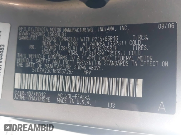 2006 Toyota Sienna CE with VIN 5TDZA23C16S557267, listed as a IAAI auction lot 41976547 with 256,192 mi miles. Bid and sale history available at carsss.com. Image 9.