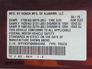 2019 Honda Ridgeline RTL z VIN 5FPYK3F50KB043492, wystawiony jako IAAI lot #42265068 z przebiegiem 86 768 mil mil oraz . Historia ofert i sprzedaży dostępna na DreamBid. Obrazek 9.