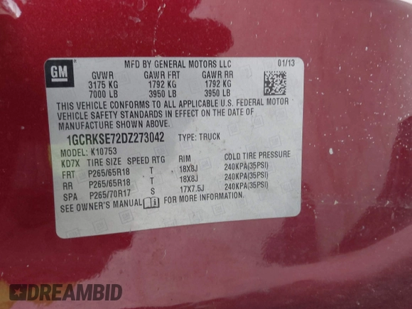 2013 Chevrolet Silverado 1500 LT with VIN 1GCRKSE72DZ273042, listed as a IAAI auction lot 41485356 with 179,279 mi miles and . Bid and sale history available at DreamBid. Image 9.