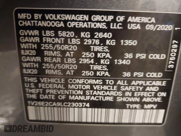 2020 Volkswagen Atlas SE with VIN 1V26E2CA9LC230374, listed as a IAAI auction lot 41336609 with 52,500 mi miles and . Bid and sale history available at DreamBid. Image 9.