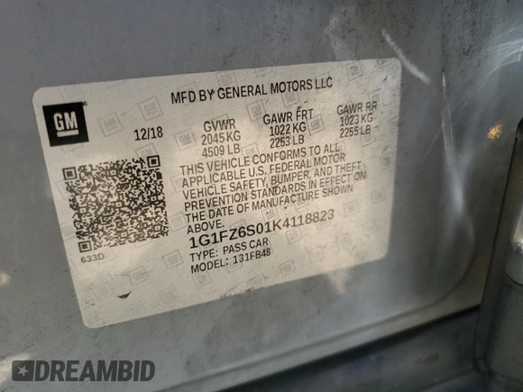 2019 Chevrolet Bolt EV Premier z VIN 1G1FZ6S01K4118823, wystawiony jako Copart lot #58155625 z przebiegiem 65 782 mil mil oraz Szkoda całkowita • Salvage title. Historia ofert i sprzedaży dostępna na DreamBid. Obrazek 13.