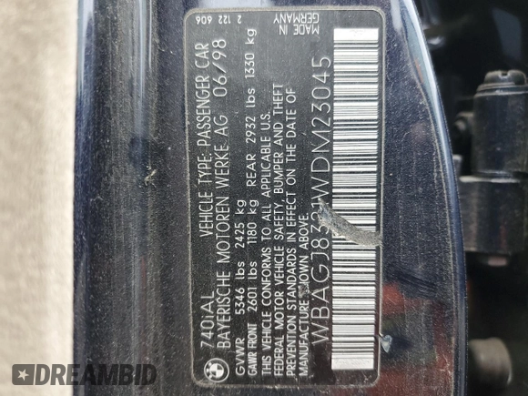 1998 BMW 7 Series 740il with VIN WBAGJ8321WDM23045, listed as a Copart auction lot 87018324 with 43,906 mi miles and Salvage Title. Bid and sale history available at carsss.com. Image 12.